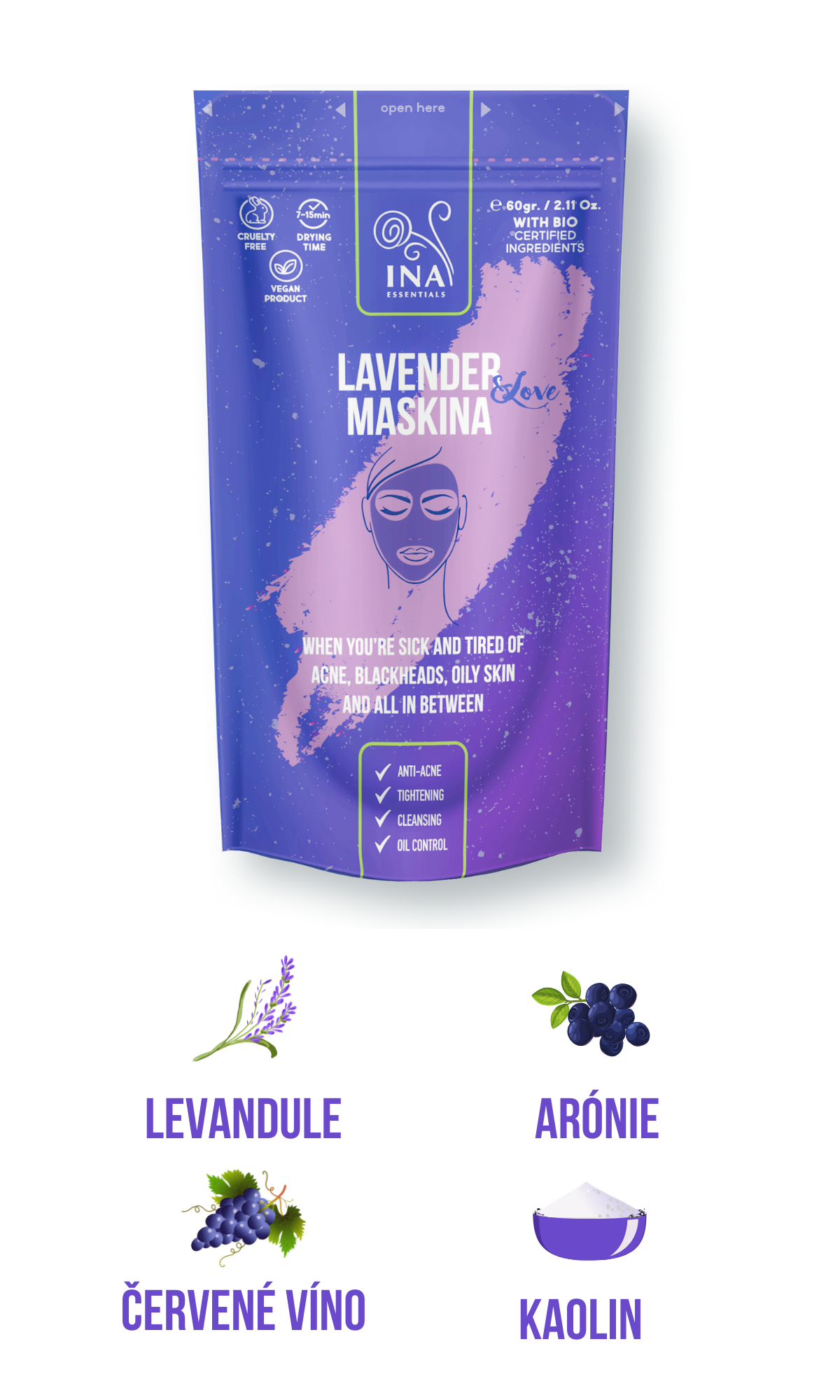 Masky na obličej - Levandulová Maskina - intenzivní péče o Mastnou problematickou pleť (vzorek)